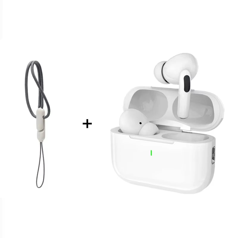 White wireless earbuds with charging case and lanyard on a white background