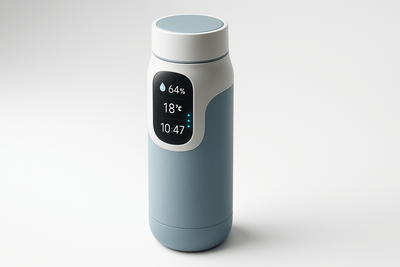 Stylish insulated water bottle with a digital display for temperature and humidity.