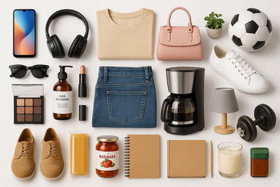 Flat lay of a complete product collection including clothing, beauty products, and home accessories.
