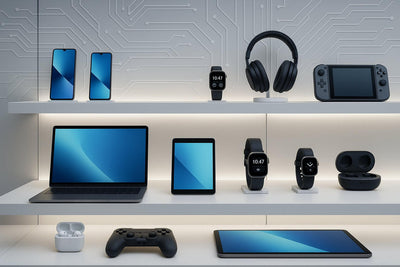 Showcasing top quality electronics gadgets on display, including smartphones, smartwatch, headphones, and gaming devices.