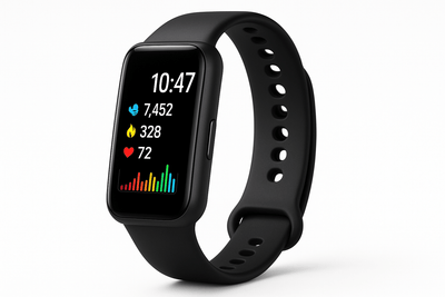 Black smart watch displaying the best smart watch features including heart rate and steps.