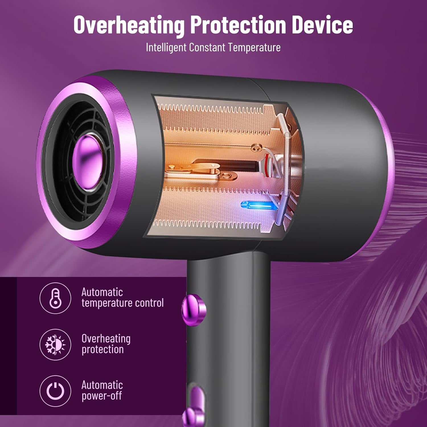 Quiet hair dryer showing cool shot button.