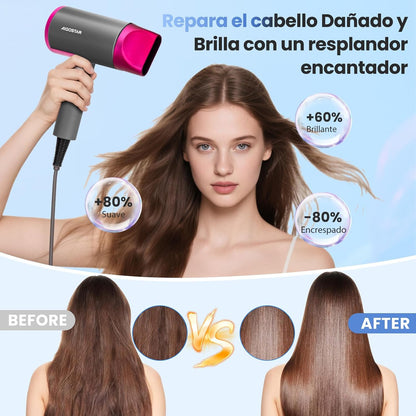 Compact hair dryer folded for travel and storage.