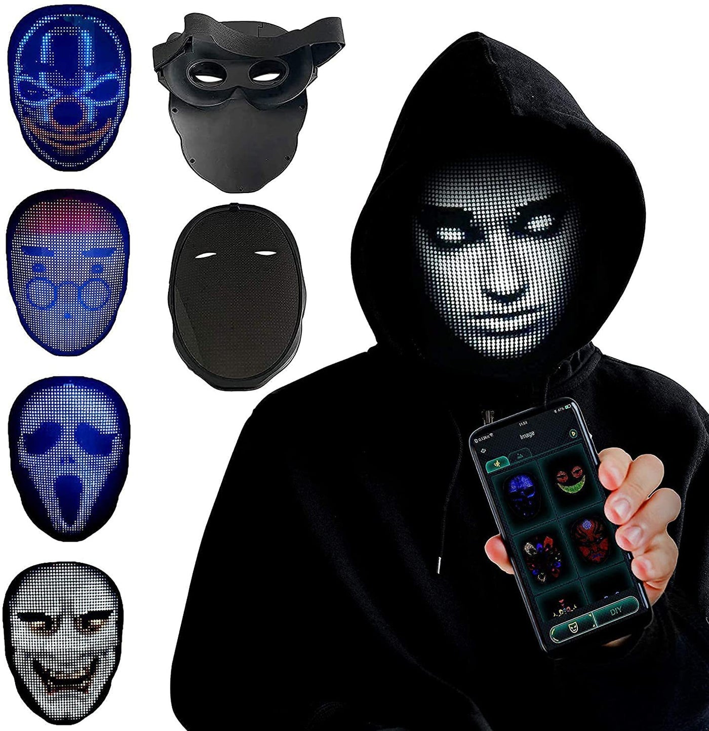 LED face mask for Halloween displayed with various animations and a phone controller for customization.
