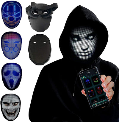 LED face mask for Halloween displayed with various animations and a phone controller for customization.