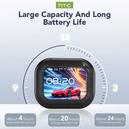 IPX4 waterproof translator earbuds in charging case.