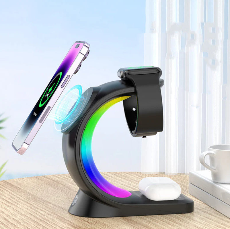 3 in 1 charging station with magnetic alignment and LED mood lighting
