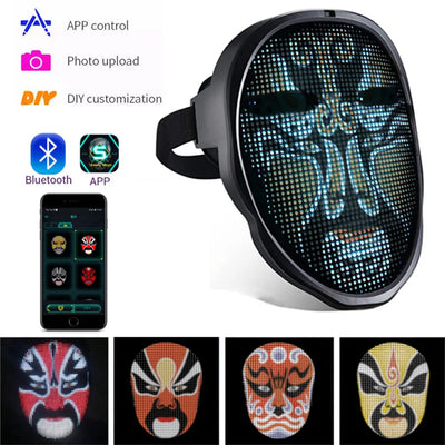 Full LED Face Mask for Halloween featuring app control, photo upload, and customizable designs.