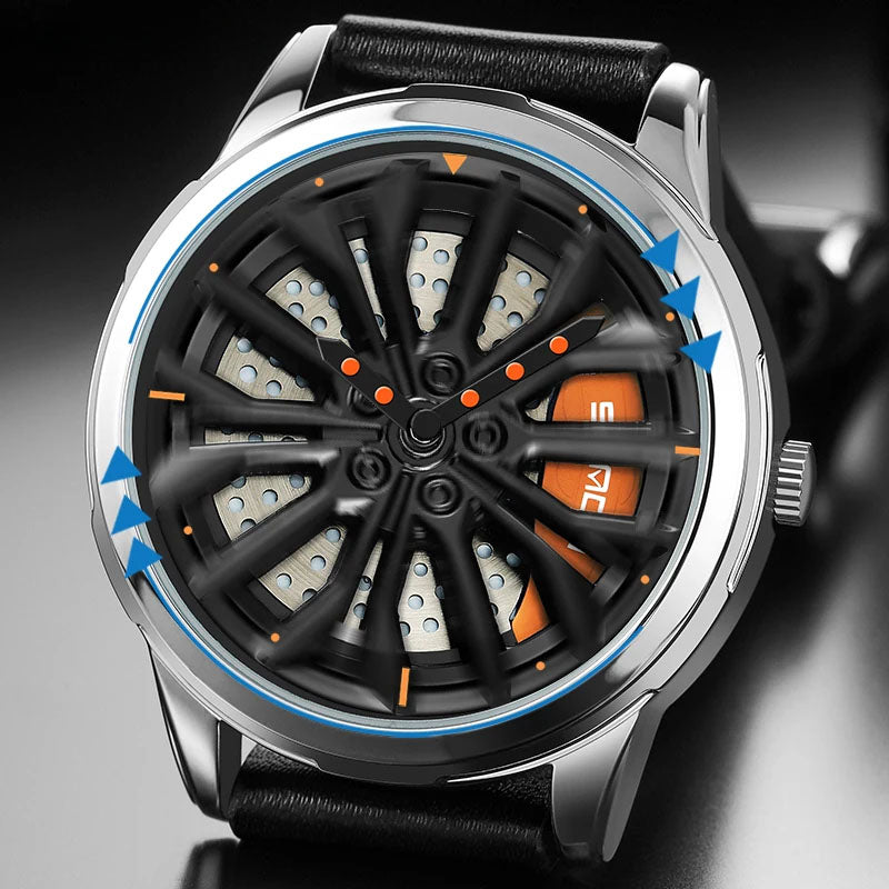 Luxury sports watch with car rim inspired design and chronograph styling