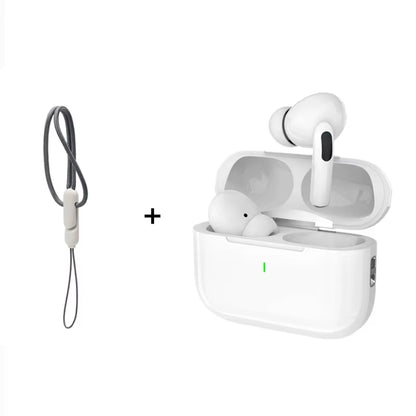White wireless earbuds with charging case and lanyard on a white background