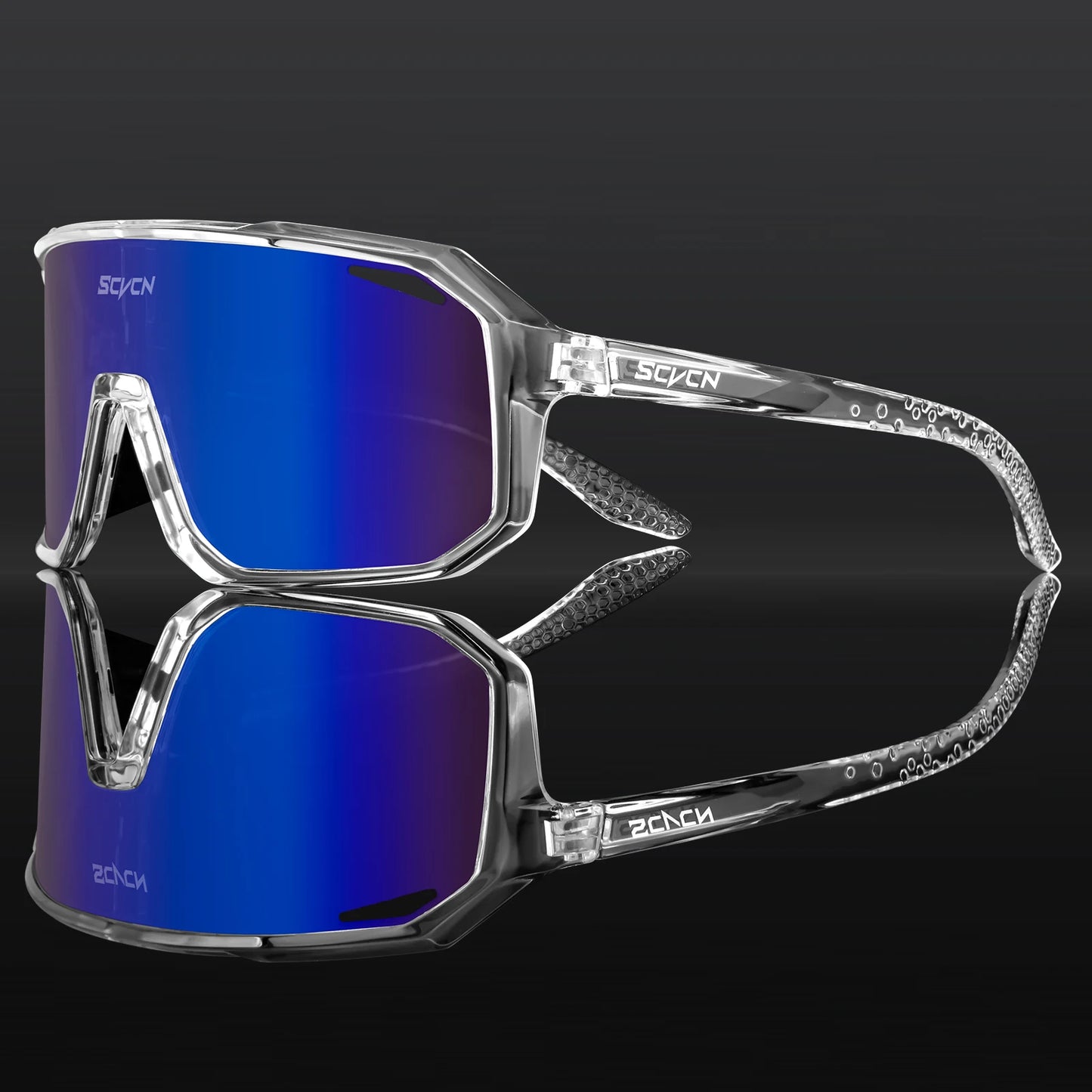 Product shot of the UV400 protection on the sports sunglasses lens.