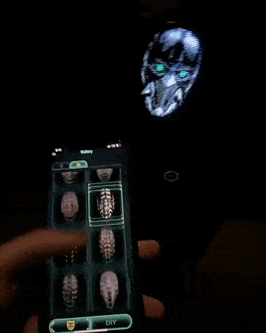 LED face mask for Halloween controlled via smartphone, showcasing animated designs and customizable options.