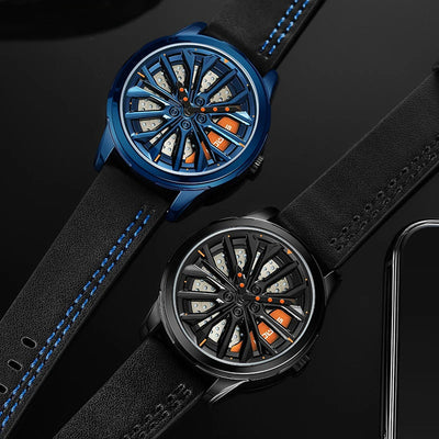 Automotive watch featuring 360-degree rotating hub mechanism for car enthusiasts