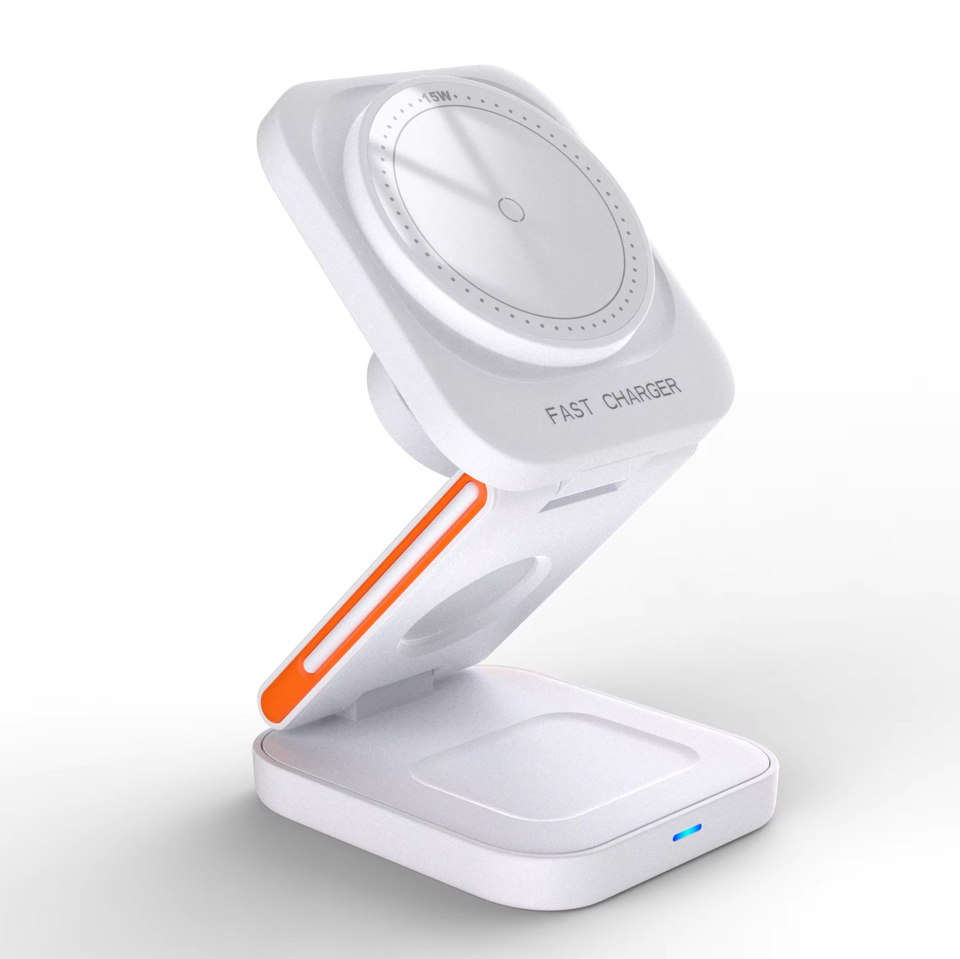 Foldable wireless charger with integrated Apple Watch stand.