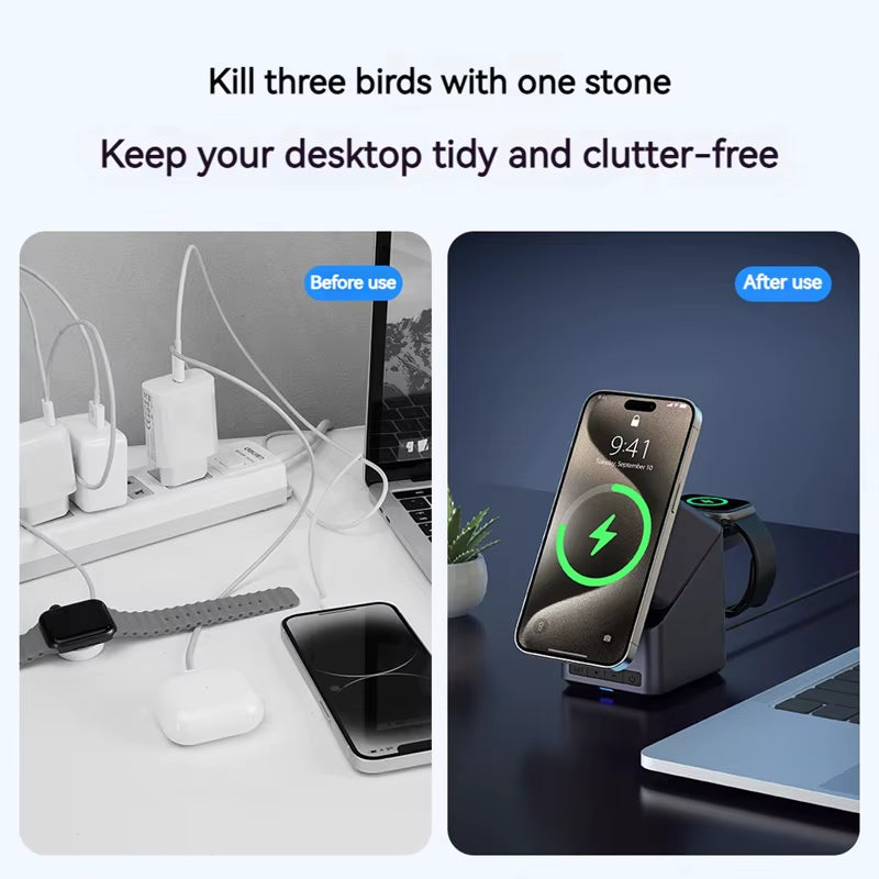 Magnetic 15W charger docking iPhone, Apple Watch and AirPods simultaneously