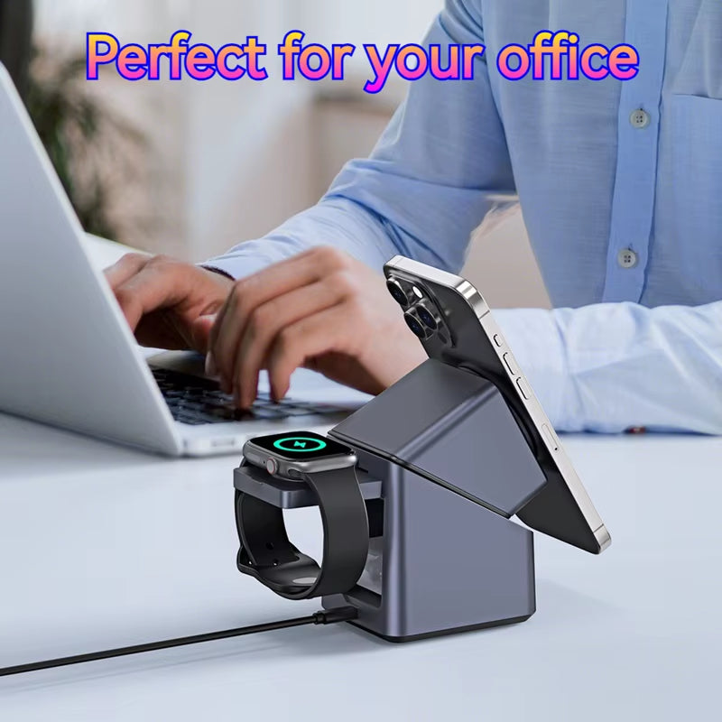 Folded travel-ready rotating magnetic wireless charger 15W