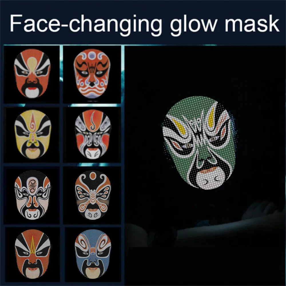 LED face mask for Halloween showcasing various face animations and vibrant patterns.