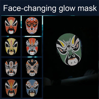 LED face mask for Halloween showcasing various face animations and vibrant patterns.