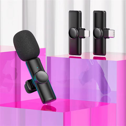 Wireless microphone for iPhone showing compact transmitter and receiver units