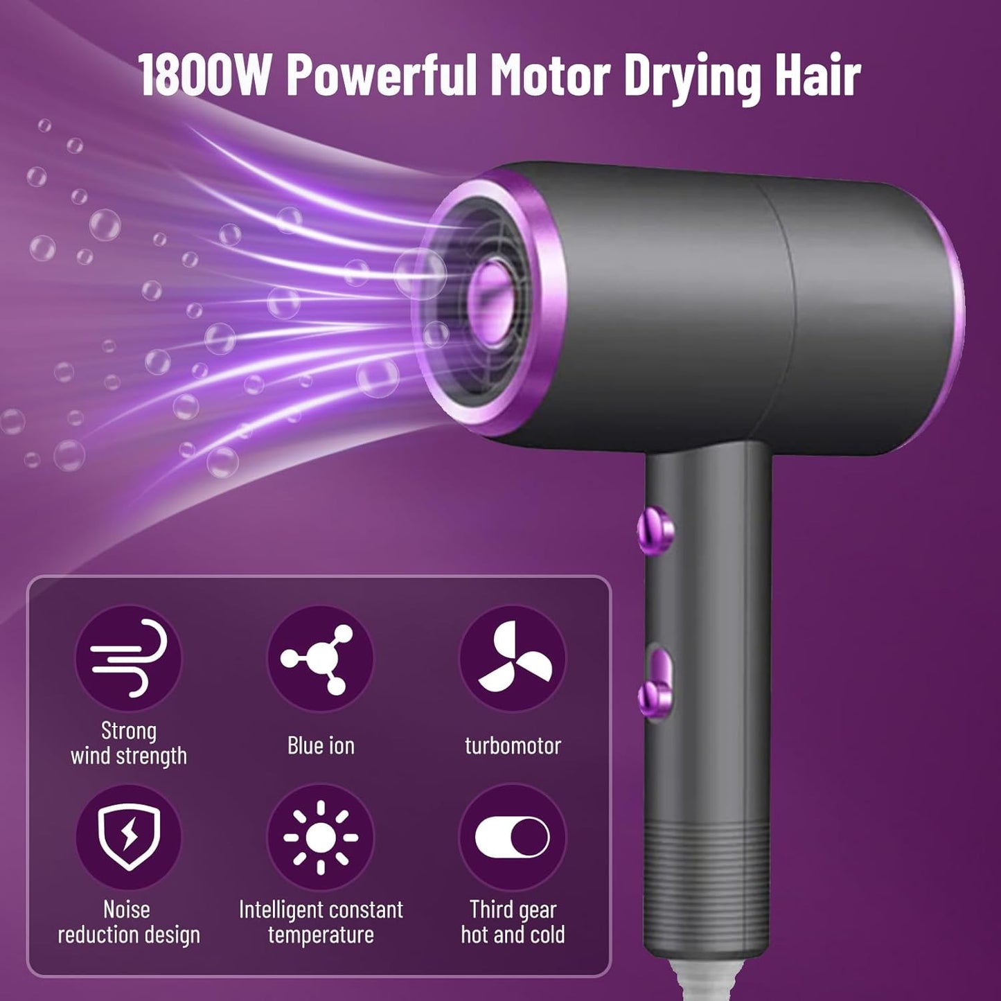 1800W hair dryer with diffuser attachment for curly hair.
