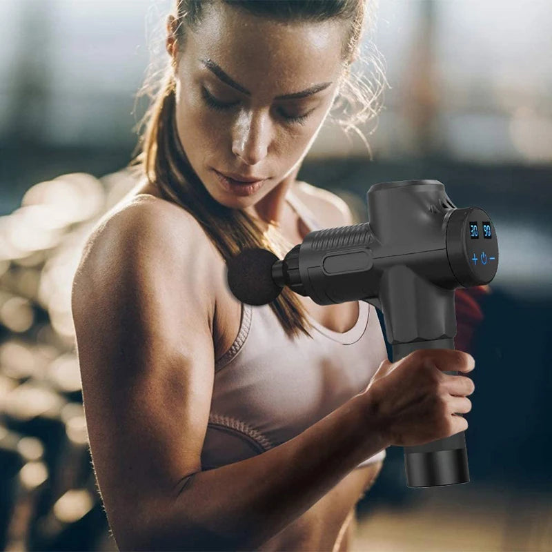 Massage gun for athletes in a carrying case.