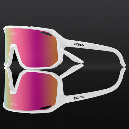 SCVCN cycling sunglasses with red mirrored lens.
