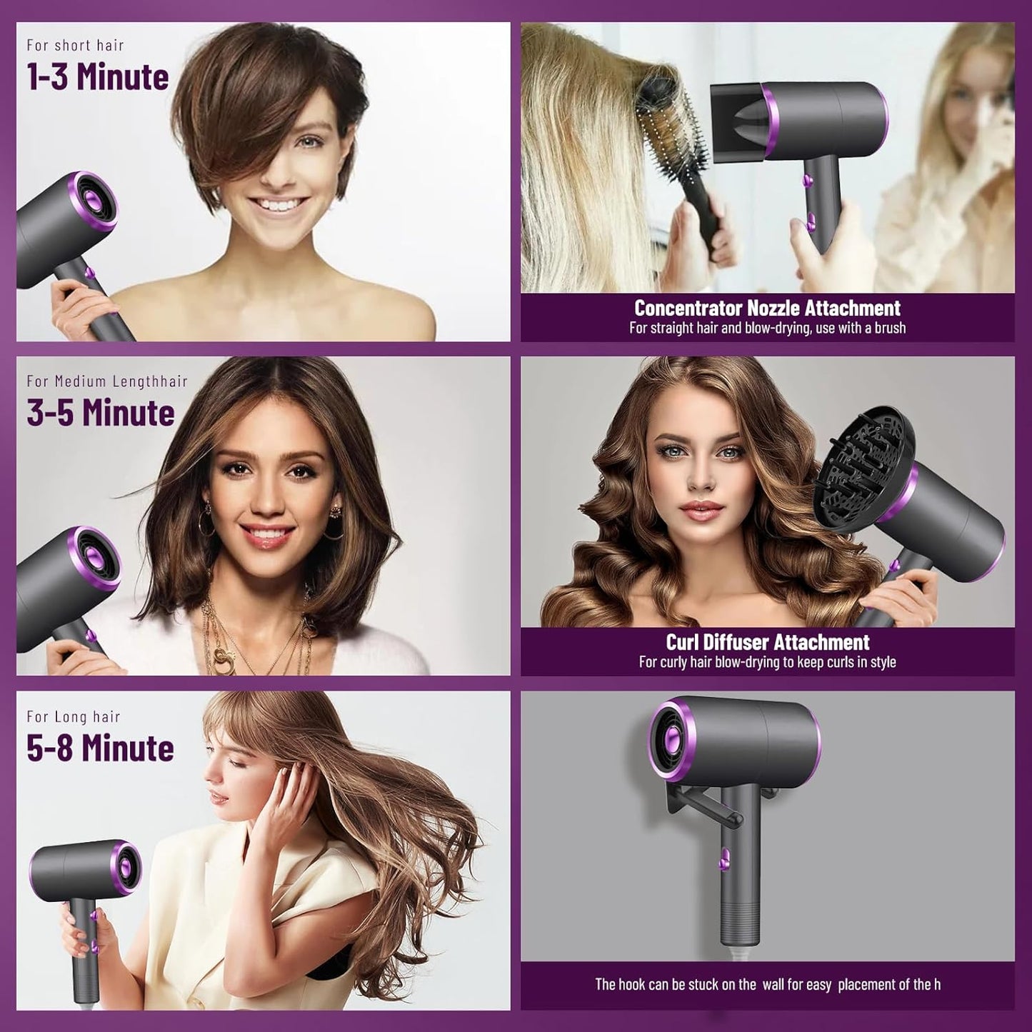 Salon hair dryer with nozzle for precision styling.