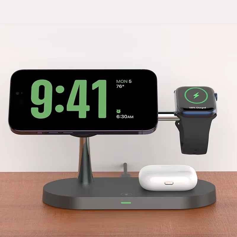 White 3-in-1 charger with glowing clock display on nightstand