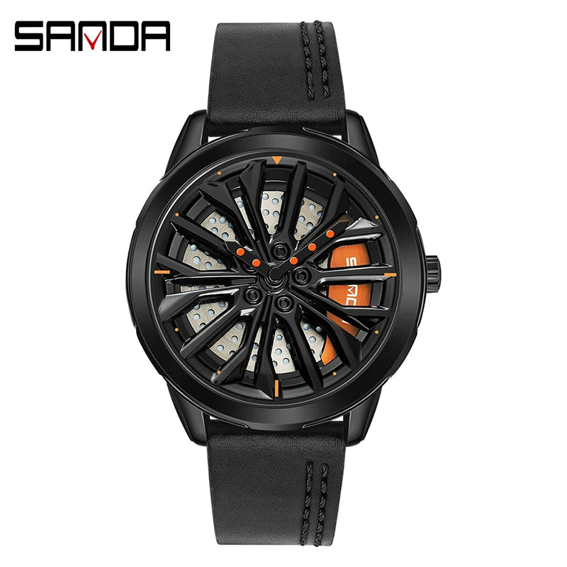 Unique men's watch featuring rotating hub mechanism inspired by car wheels