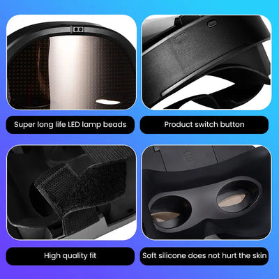 LED face mask for Halloween features long life LED lamp beads, product switch button, and soft silicone design.