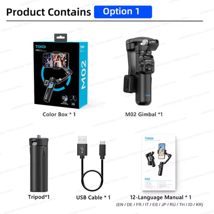 TCKQM M02 3-axis gimbal stabilizer with smartphone attached.