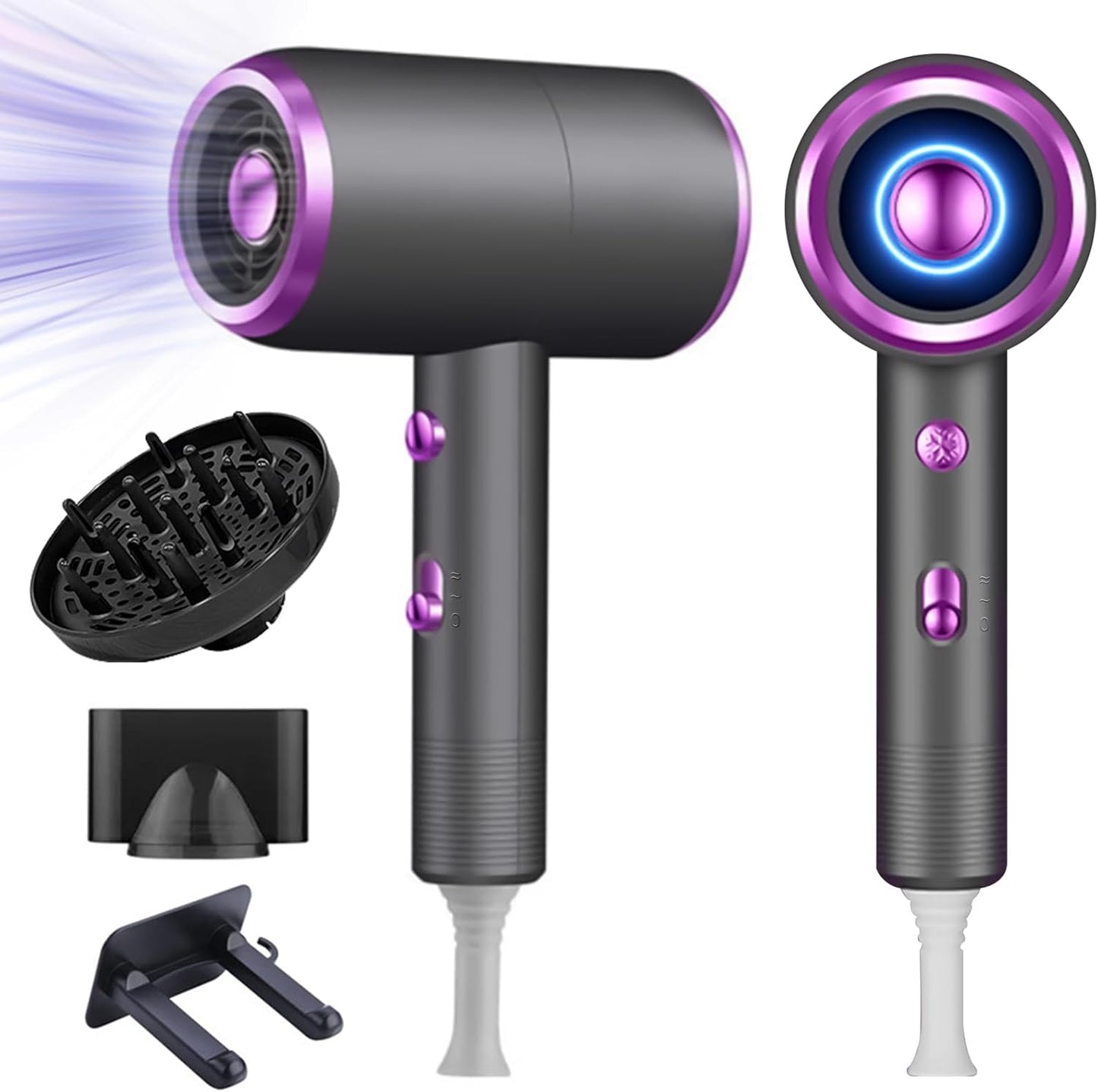 Professional ionic hair dryer in grey and purple color.