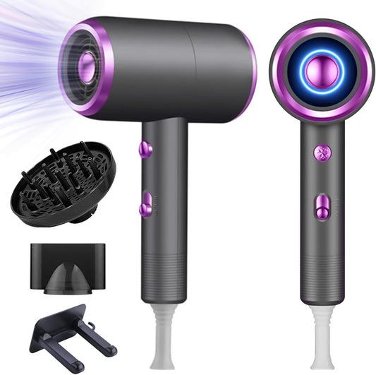Professional ionic hair dryer in grey and purple color.