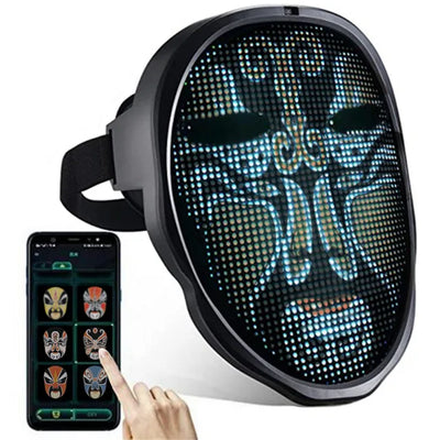 LED face mask for Halloween with phone app control showcasing various animated designs.