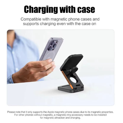 Wireless charging station in use with Apple devices.