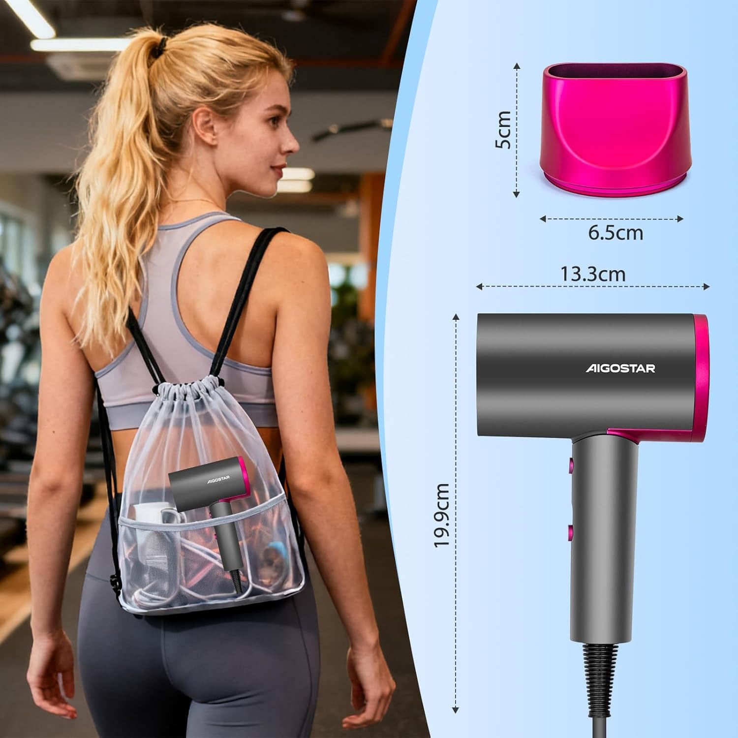 Aigostar travel hair dryer in a suitcase.