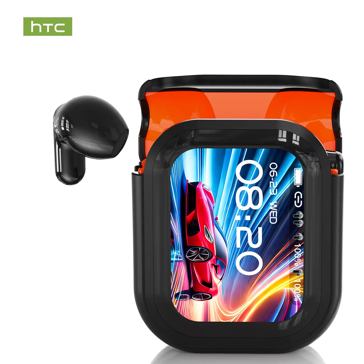 HTC NE20 real time translator earbuds showing instant translation text.