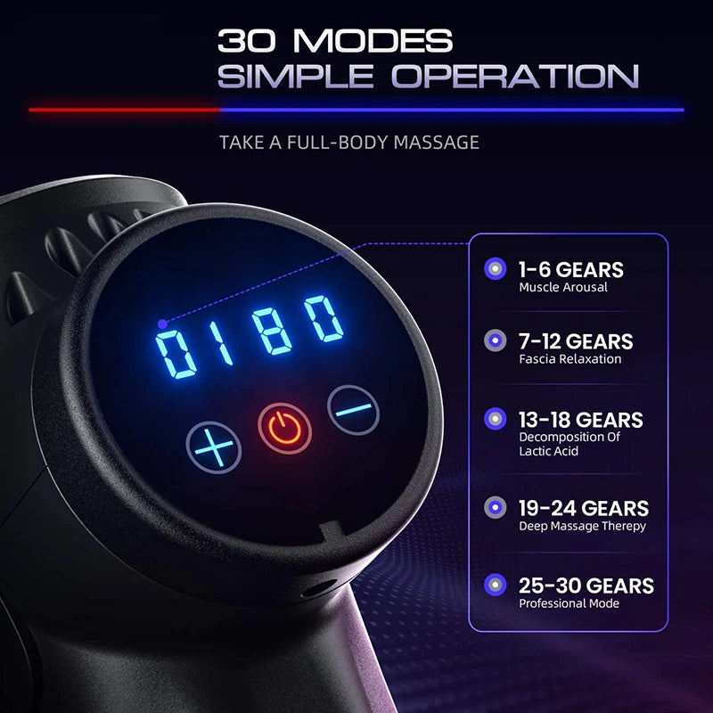 Close-up of the LCD screen on the muscle massage gun.