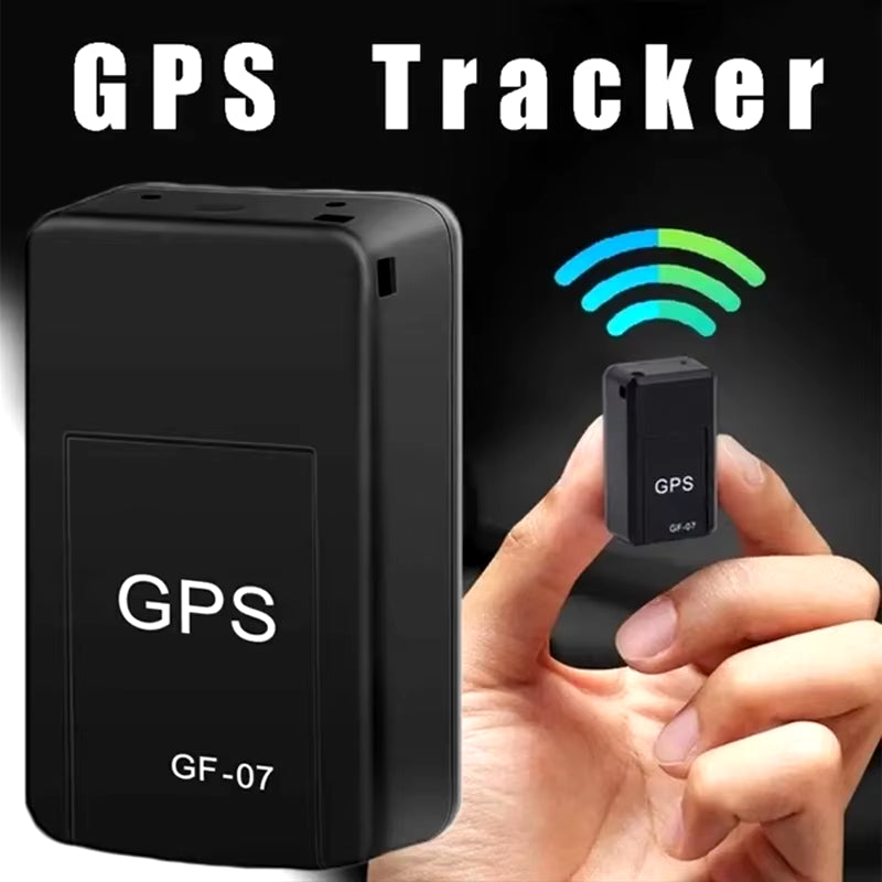 GF07 mini GPS tracker held between fingers showing small size
