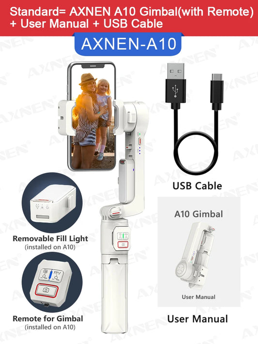 AXNEN A10 handheld gimbal extended with fill light on