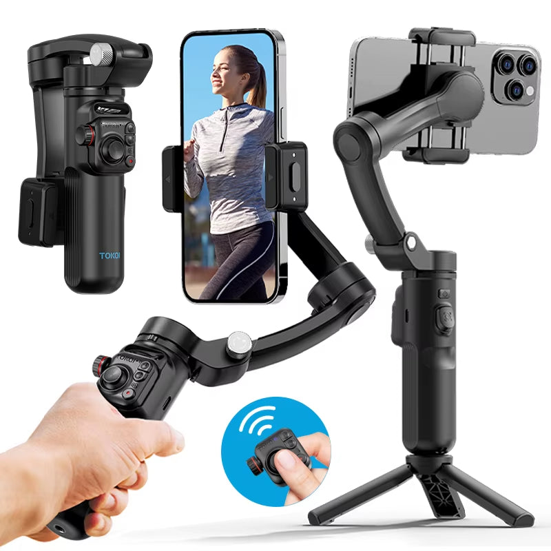 Foldable gimbal stabilizer shown in compact, travel-ready state.