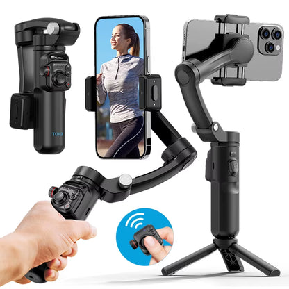 Foldable gimbal stabilizer shown in compact, travel-ready state.