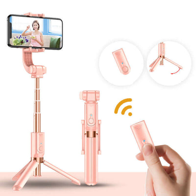Mobile Phone Gimbal Selfie Stick Handheld Anti-shake Shooting with tripod and remote control in pink.