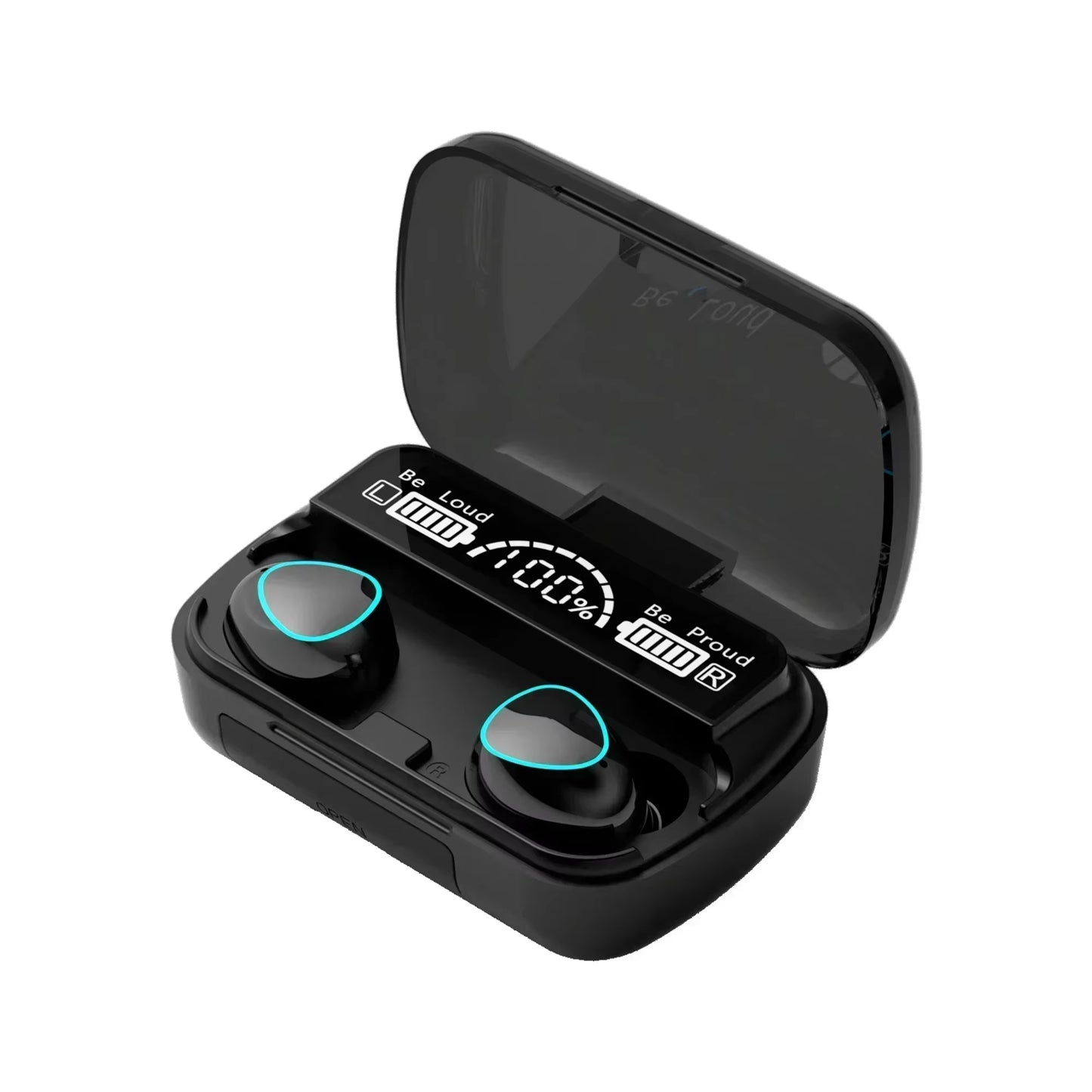 Translator earbuds in charging case with multilingual flags overlay.