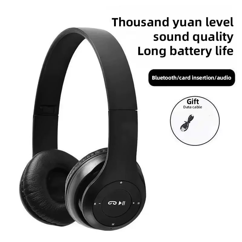 Foldable P47 Bluetooth headphones packed in travel bag