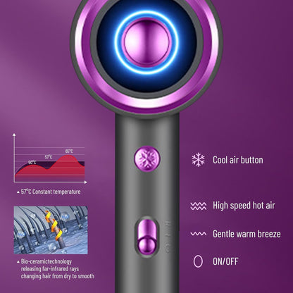 Ionic hair dryer airflow illustration (purple light).
