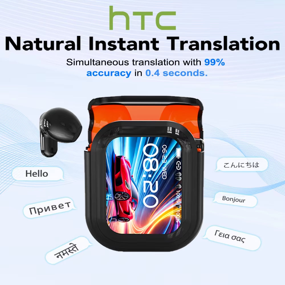 Wireless translator earbuds with Bluetooth 6.0 logo.